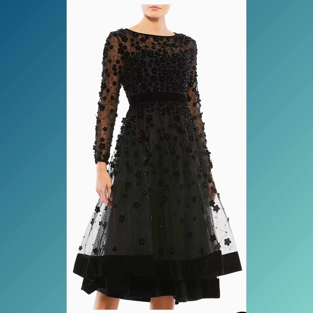 NWT Mac Duggal Black Floral Applique Tea Dress